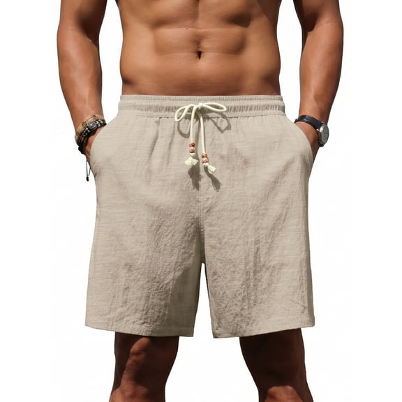 GIRUNS Men's Linen Shorts Casual Summer Beach Drawstring Elastic Waist Shorts with Pocket Flaxen L
