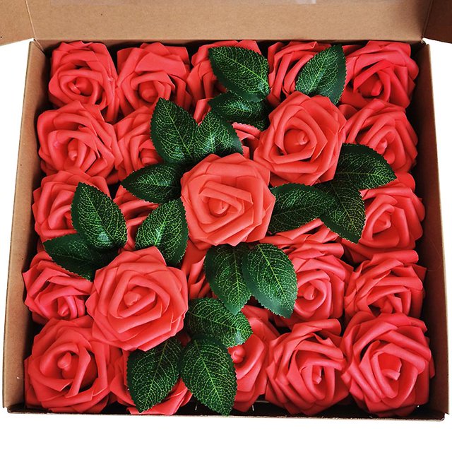 red Rosas De Espuma De Flores Artificiales Con Tallos-ramos De Boda Blanco