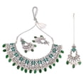 thumbnail image 6 of Efulgenz Green Choker Necklace and Earrings with Head Chain Indian Oxidized Jewelry Set for Women Antique Bohemian Faux Pearl Drop Kundan Crystal Stone Necklace Chaandbali Earrings Fashion Jewelry, 6 of 10