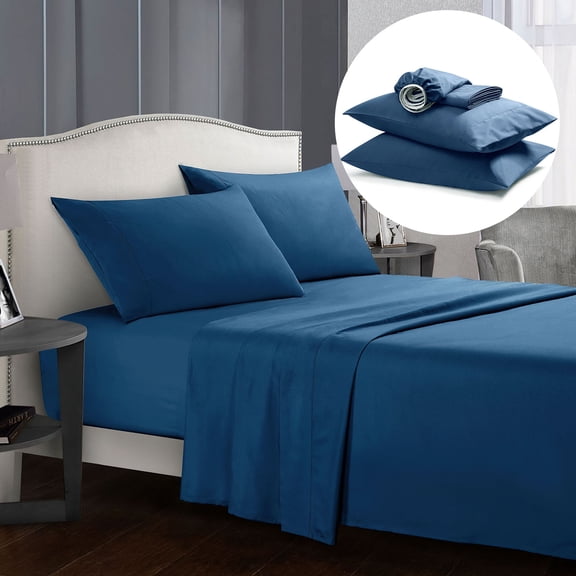 4 Piece Bed Sheet Set, Super Soft Deep Pocket Queen Sheets, 1 Flat & 1 Fitted Sheet & 2 Pillowcases, Comfortable & Breathable, Navy Blue
