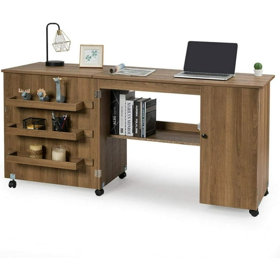 DORTALA Folding Sewing Table, Large Size Craft Cart w/Storage Shelves and Lockable Casters, Rolling Craft Station Sewing Table for Apartment Home, Portable Storage Cabinet for Small Space, Natural