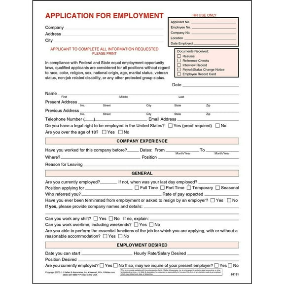 Application for Employment Form, 8.5 x 11 , 25 Pack
