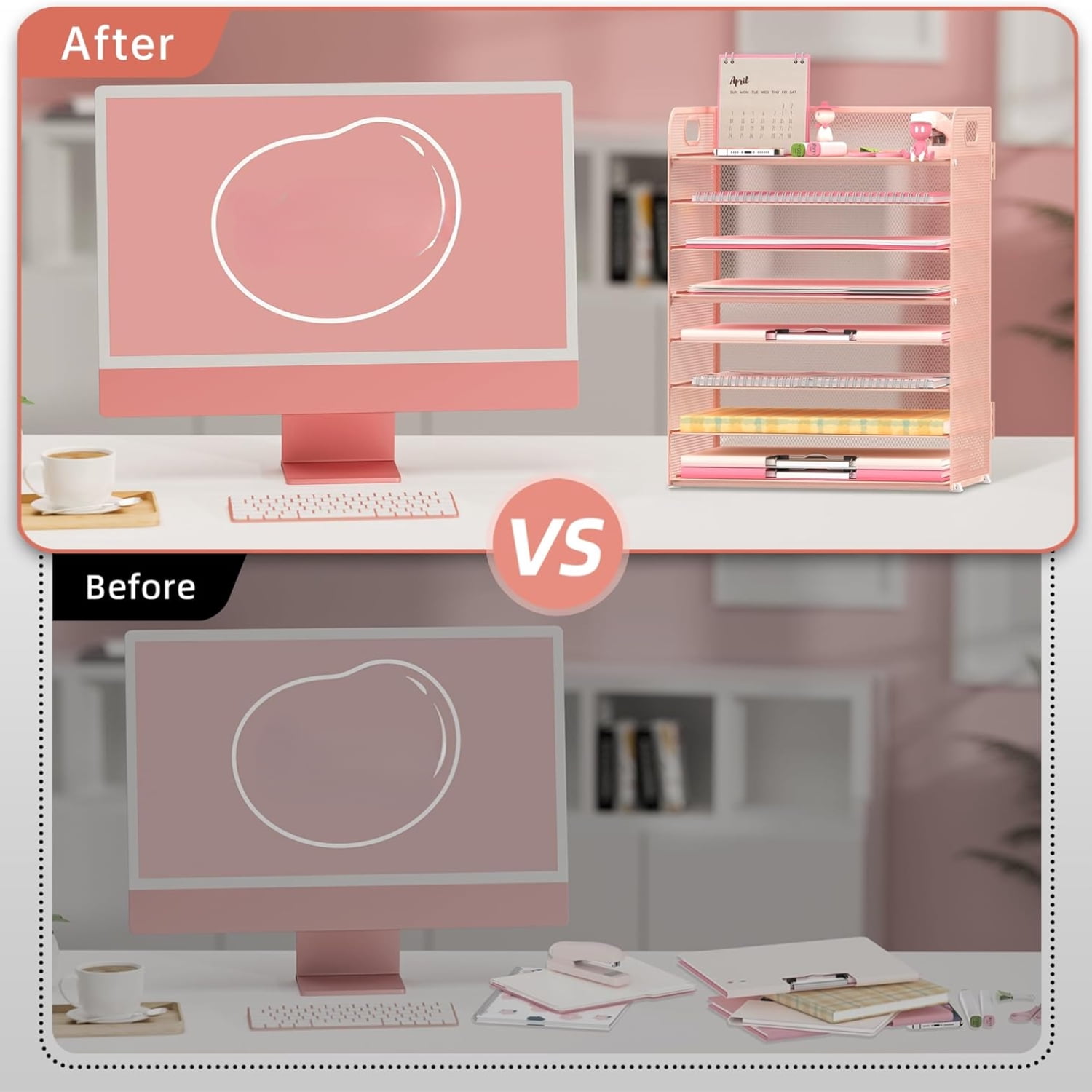 INTIGE 8-Tier Metal Desk File Organizer with Handles, Desktop Paper Organizer, Pink