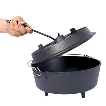 Oufan pre-Seasoned Cast Iron Dutch Oven With Skillet Lid, Outdoor Camping Deep Pot for Camping Fireplace Cooking BBQ Baking Campfire, Leg Base,6 Quart