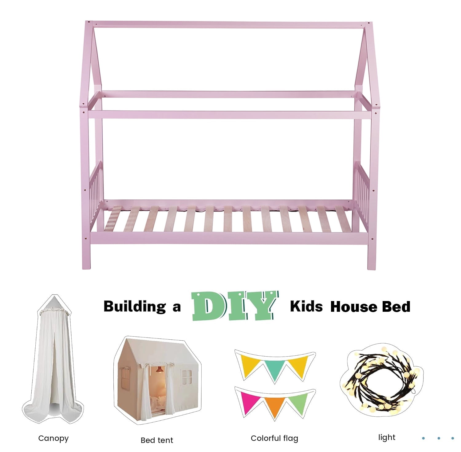 Bellemave Twin House Bed with Headboard and Footboard Sturdy Rubber Wood Platform Bed Frame, Montessori House Bed, No Box Spring Needed  (Twin, Pink)