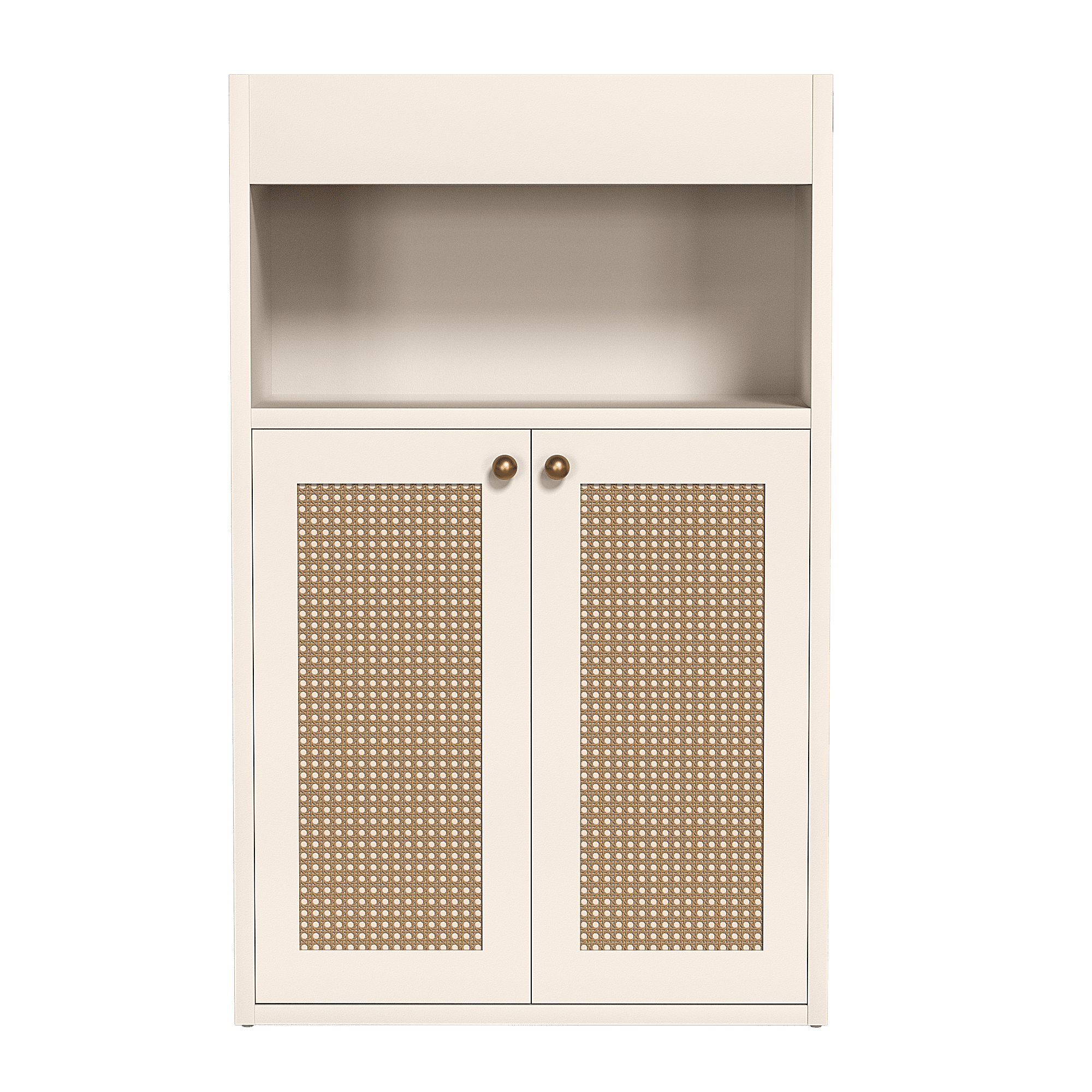 Mintazer Bathroom Floor Storage Cabinet, Freestanding Stroage Shelf Organizer with 2 Rattan Doors, Adjustable Shelf & Open Storage, White