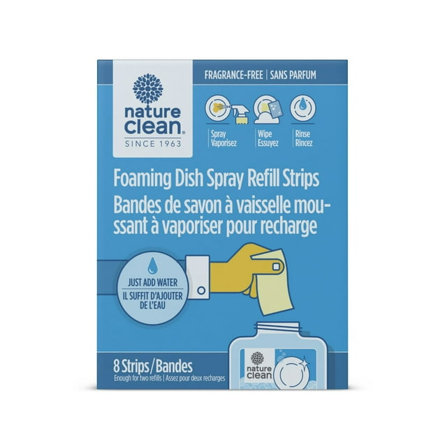 Box of Nature Clean fragrance-free foaming dish spray refill strips with usage instructions showing to add water before spraying, wiping, and rinsing. Contains 8 strips for two refills.