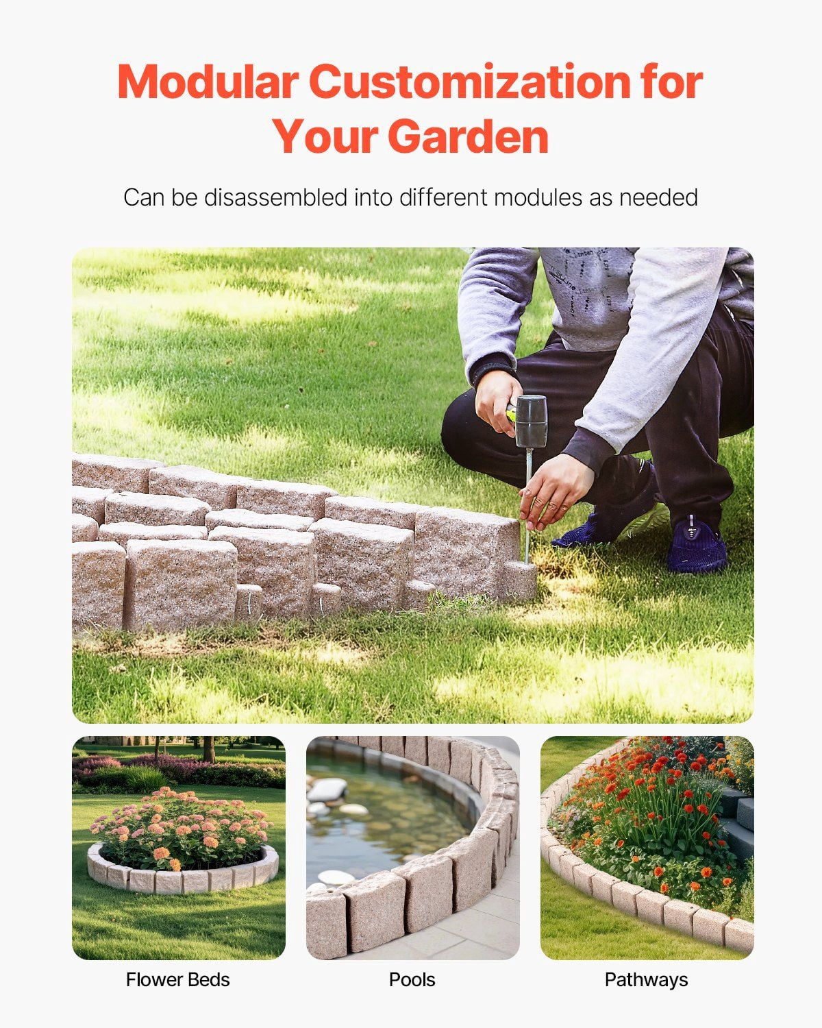 Faux Stone Landscape Edging 46.8x3.9 Inch Flexible Lawn Garden Border with Anchoring Spikes Fade Resistant Beige for Driveway Walkway
