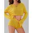 thumbnail image 6 of Raccmtaty Women's Knit Swimsuit Cover-Up Outfits Solid Color Ripped Long Sleeve Crop Tops with Drawstring Shorts Set, 6 of 8