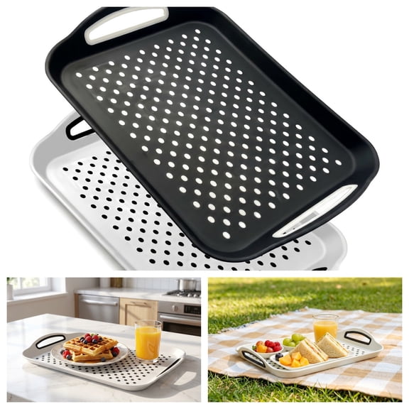 Large Non-Slip Serving Tray with Handles - Lap Food Trays for Eating on Couch, Breakfast, Dinner, Snacks, and Drinks, Black and White, 2 Pack