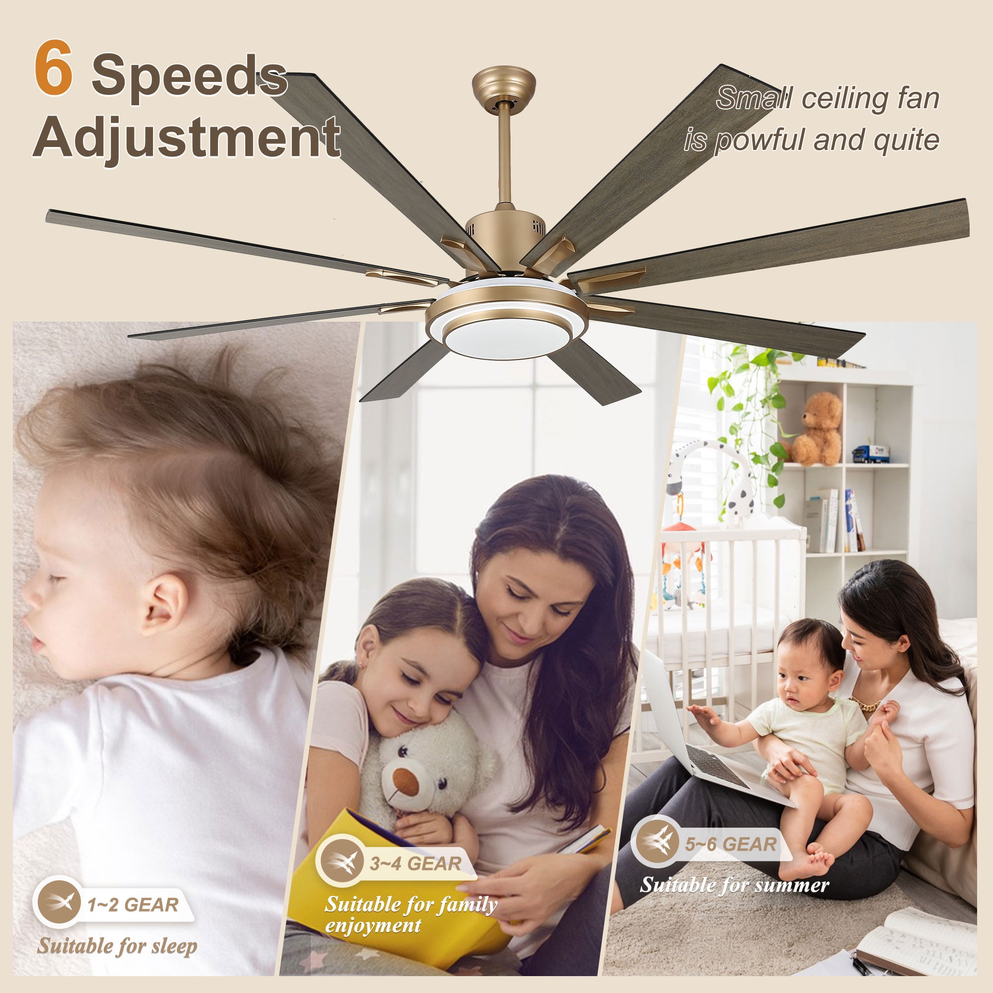 Bella Depot 72" Modern LED Gold Ceiling Fan 6-Speed Reversible Chandelier With Dimmable Light and Remote Control