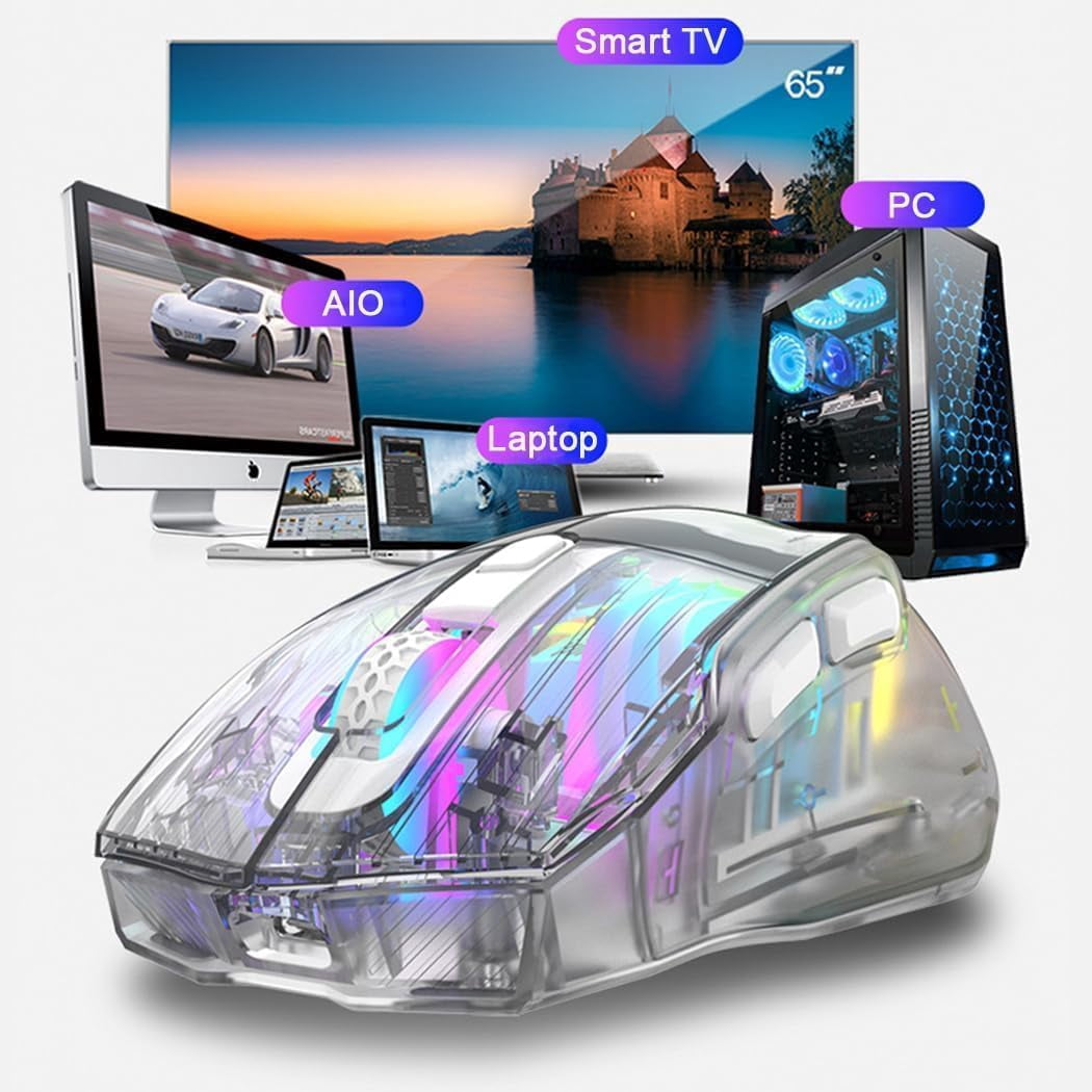 Tri-Mode Wireless Gaming Mouse, 2.4G/Bluetooth/USB-C Wired, Transparent Chroma RGB Mouse, 3600 DPI Optical Computer Mouse for PC Laptop Esports (White/Black)