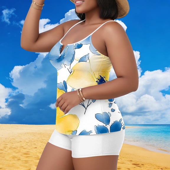 AGWOLF Tropical Print Tankini Swimsuits for Women Plus Size Two Piece Bathing Suit V Neck Padded Swim Tops and Sports Boyshorts Summer Beach Conservative Swimwear Bañador White XL