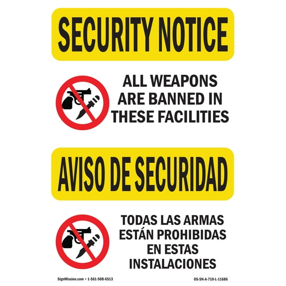 OSHA SECURITY NOTICE Sign - Weapons Are Banned Bilingual | Plastic Sign | Protect Your Business, Work Site, Warehouse & Shop Area | Made in the USA