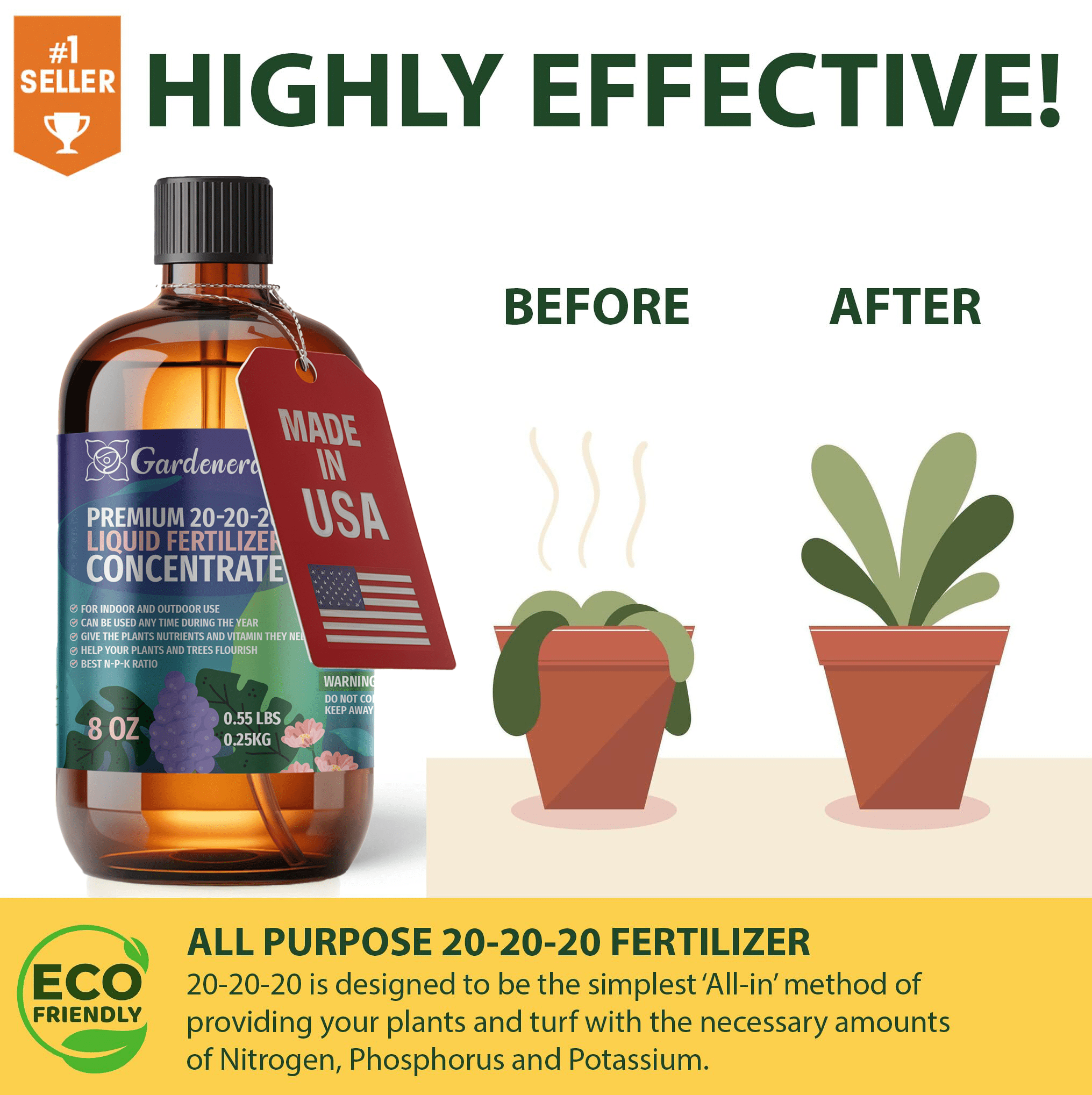 𝐏𝐑𝐄𝐌𝐈𝐔𝐌 All-Purpose 20-20-20 Liquid Fertlizer Spray - Increases Flowering and Yield on All Varieties of Fruits, Vegetables and Flowers| Liquid Plant Superfood Mist (32 OZ)