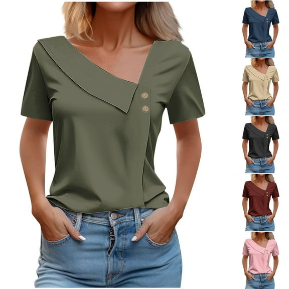 ATOYSOY Women's Loose Classic Shirts Summer Pullover Button Casual Relaxed Irregular for Teens Girls Fashion Shirts Solid Color Short Sleeve V Neck Retro Green L