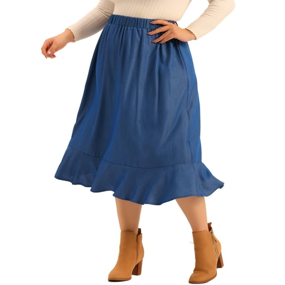 Agnes Orinda Women's Plus Size Elastic Waist Ruffled Hem Chambray Casual Midi Skirts 1X Blue