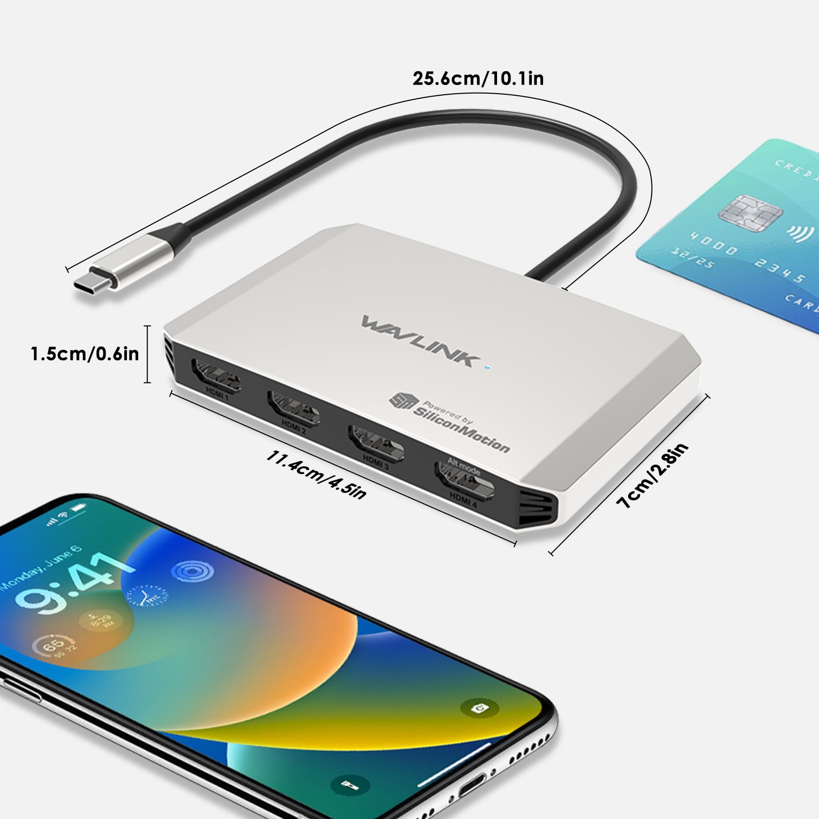 WAVLINK USB-C to Quad HDMI Adapter, 4K USB-C Adapter, Support PD In 140W Out 130W, Compatible with MacBook Neo Windows, macOS, Chrome OS, Linux and Android