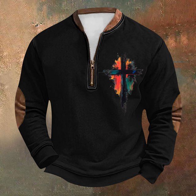 Blusas y camisas de manga larga con cuello redondo para hombre, talla grande, estampado, media cremallera, cuello redondo, estampado vintage, manga larga, poliéster
