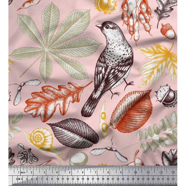 Soimoi Satin Silk Fabric Bird & Leaves Print Sewing Fabric Yard 42 Inch Wide
