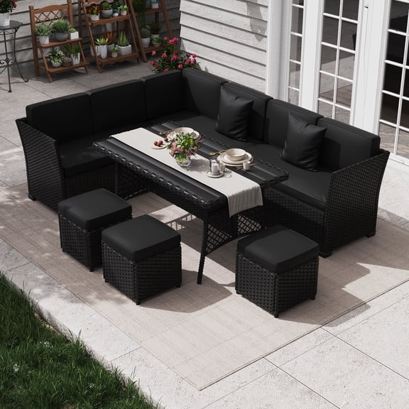 Limthesky 7 Piece Patio Furniture Set, Outdoor Rattan Dining Set, Sectional Patio Conversation Sofa with Dining Table and Ottoman,Black