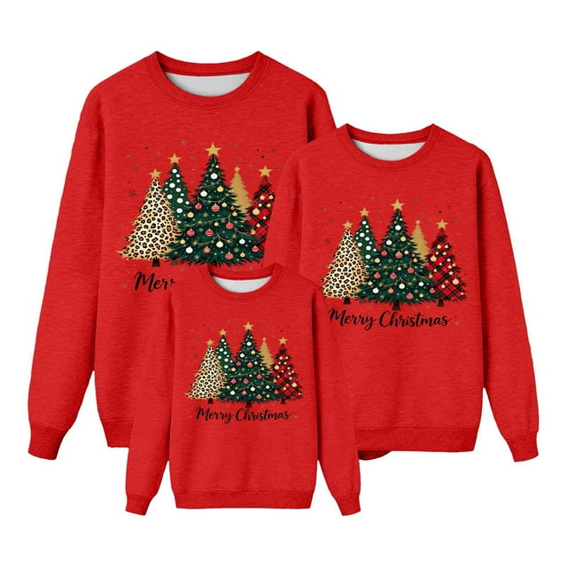 RXMEKW Chandail de Noël à Capuche pour Femmes Manches Longues Col Rond Haut Imprimé Ensemble Familial Assorti pour Photos de Vacances