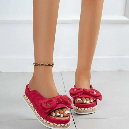 

KKCXFJX slippers for women Women s Summer Flat-shaped Hemp Rope Platform Shoes Bow Slippers Slippers