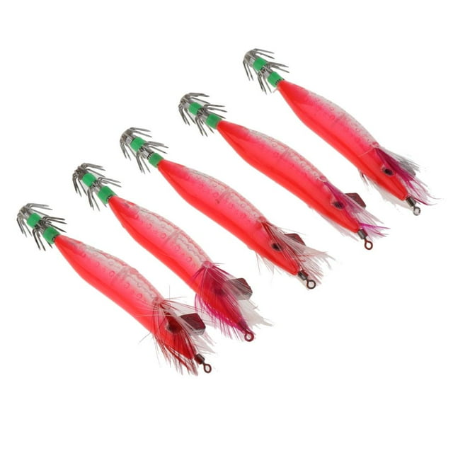 Almencla 5pcs Luminous Squid Jigs Saltwater Fishing Lures Squid Hooks Red