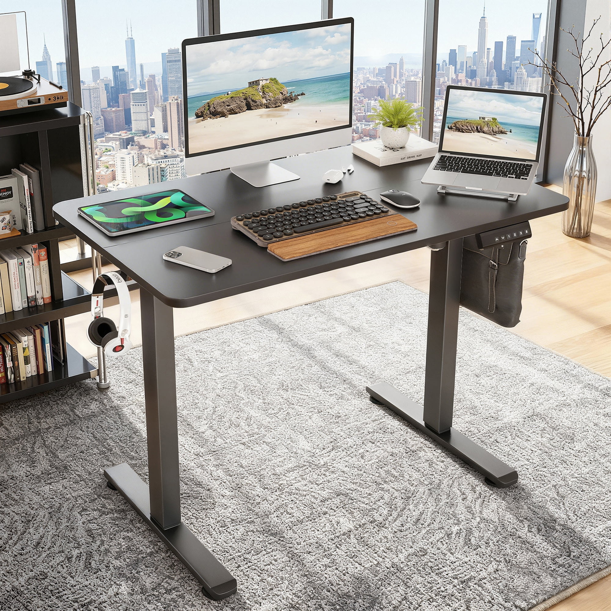 MAYEERTY 40×24" Electric Height-Adjustable Desk, Sit Stand Desk with Side Hooks for Home & Office, Black