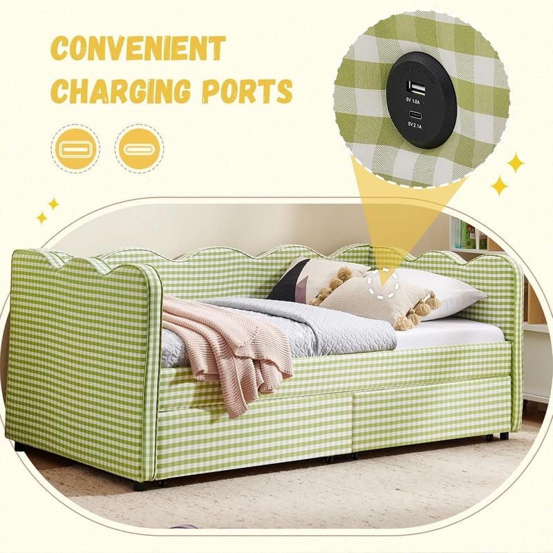 Twin Size Cozy Gingham Daybed with 2 Storage Drawers, Wave Shaped Linen Fabric Sofa Bed with USB Port for Living Room Bedroom
