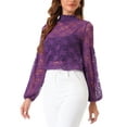 thumbnail image 4 of INSPIRE CHIC Women's Floral Lace Top Turtleneck Puff Long Sleeve See Through Sheer Blouse L Purple, 4 of 6