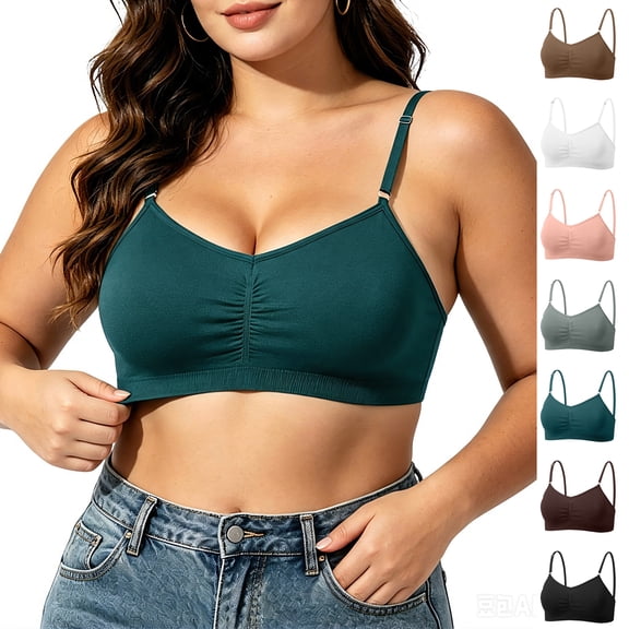 Women Ruched V Neck Wireless Bras, Adjustable Thin Strap Soft Comfortable and Breathable Sleep Bra