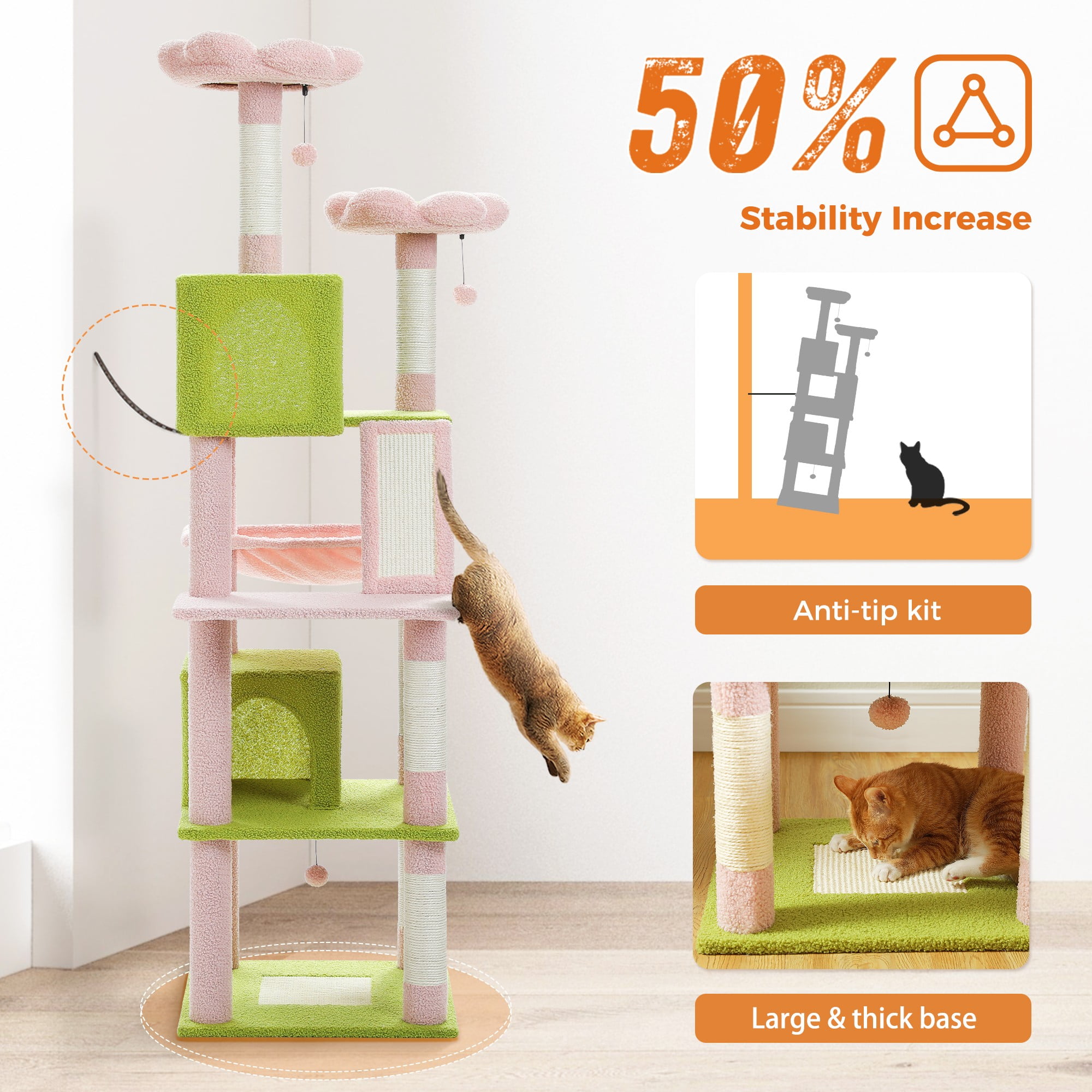 Kadyn 70" Large Cat Tree for Indoor Cats, Multi-Level Cat Tower Cat Scratching Post with 2 Perches, 2 Condos, Hammock and 2 Pompoms, Pink