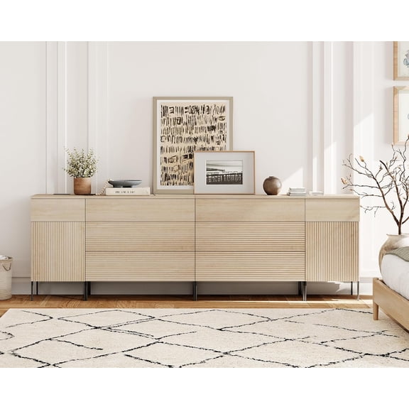 WAMPAT 94.5" 4-in-1 Fluted Dresser for Bedroom with Charging Station, Modern Wooden Chest of Drawers with Hidden Handles & 8 Drawers, Extra Long Dresser TV Stand Closet Storage Organizer, Beige
