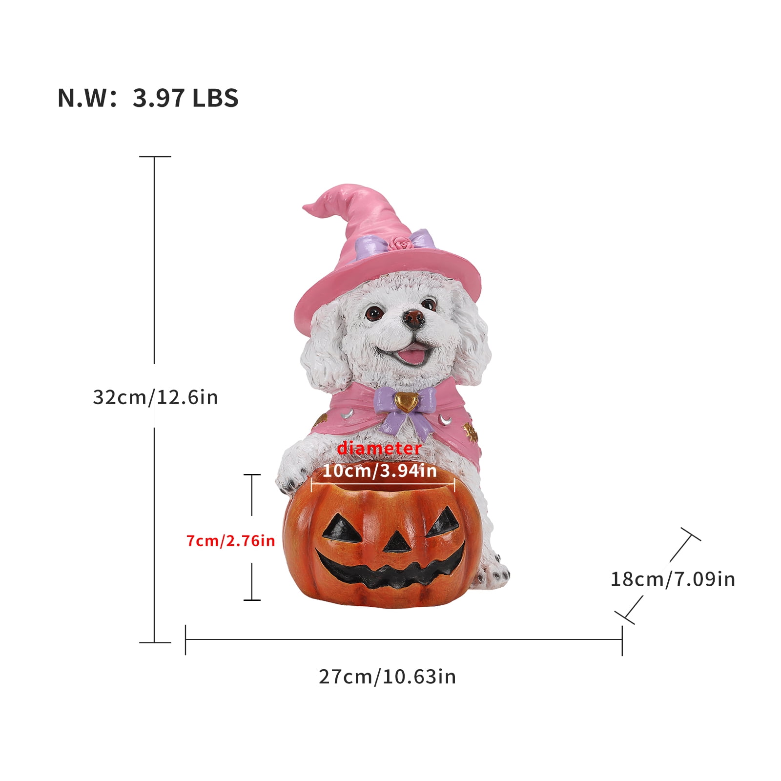 Puppy Halloween Candy Bowl with Pink Witch Hat Pumpkin Holder Resin Tabletop Decor