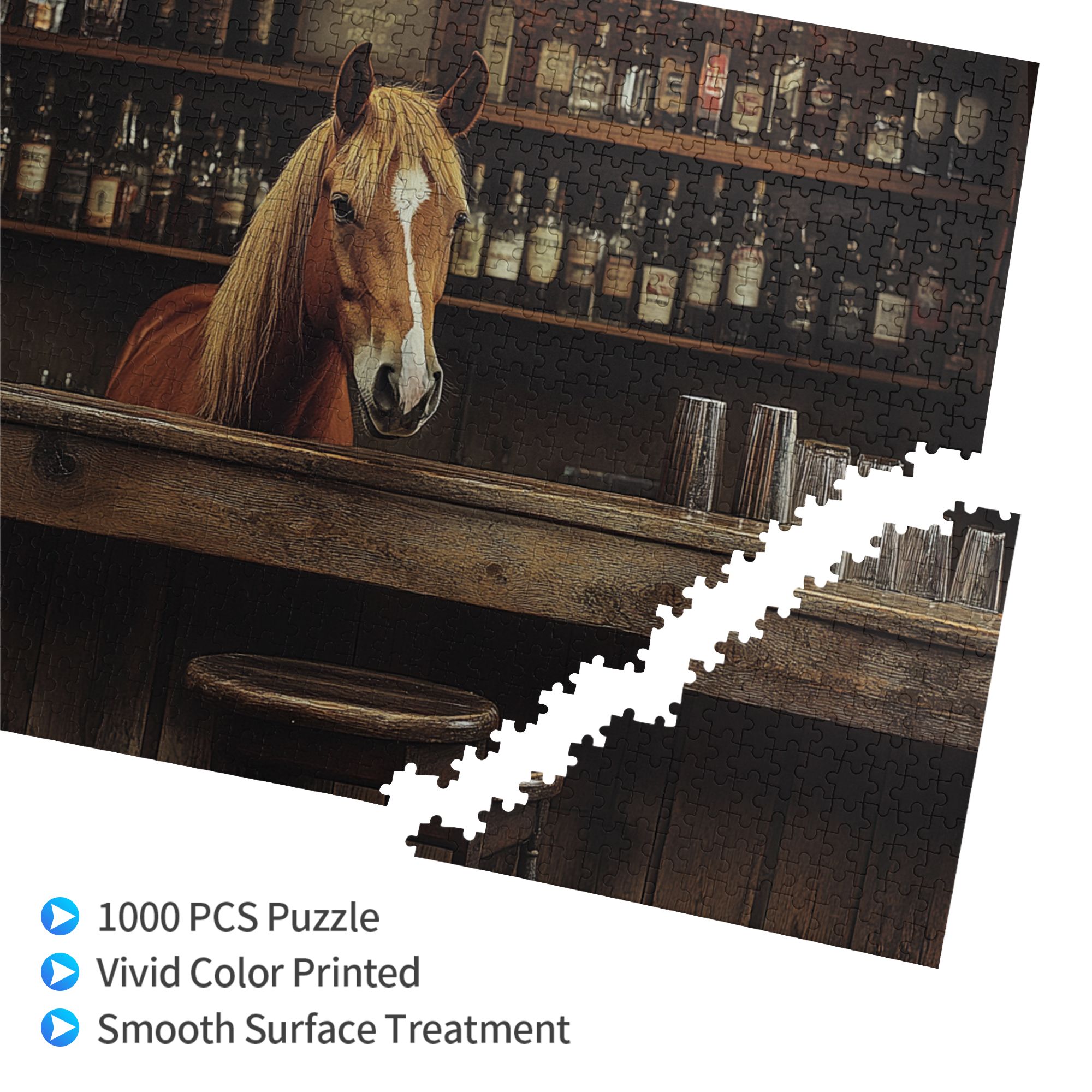 1000 pcs The horse in the tavern Wooden Puzzles 1000 Piece,whimsical Jigsaw Pieces,Funny Animal Art horse in the tavern Charm Puzzle 1000 Piece,Gift for Puzzle & Animal Lovers,Stress relieving puzzle