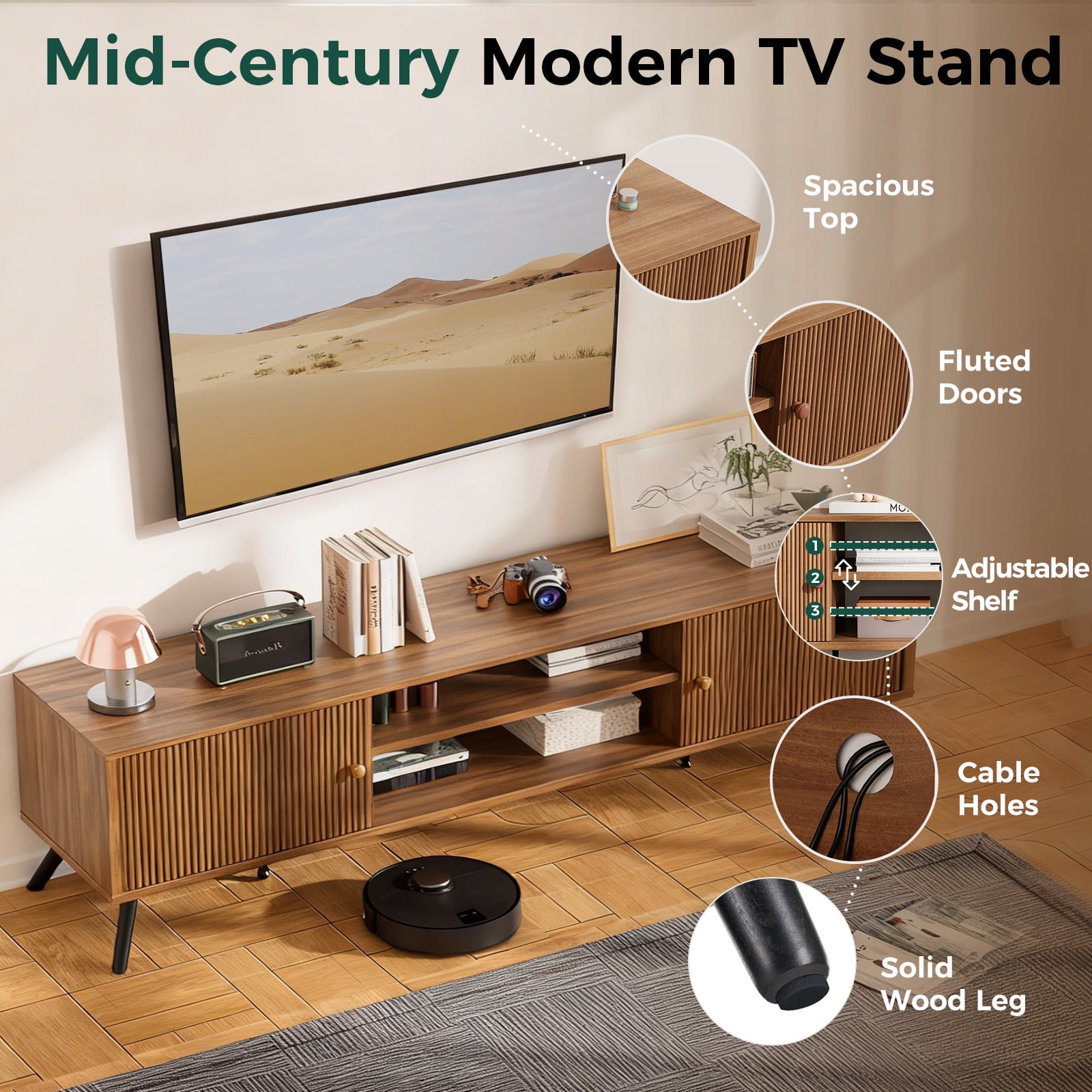LUCKLIFE 70" Mid Century Modern TV Stand for TVs up to 75", Brown