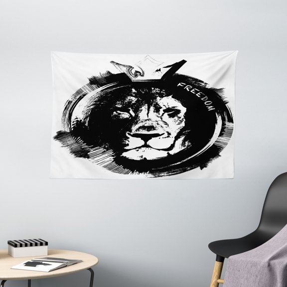 Lion Tapestry, King of the Forest Lion Head Portrait Freedom Sketchy Monochrome Wild Animal, Wall Hanging for Bedroom Living Room Dorm Decor, 60W X 40L Inches, Black and White, by Ambesonne