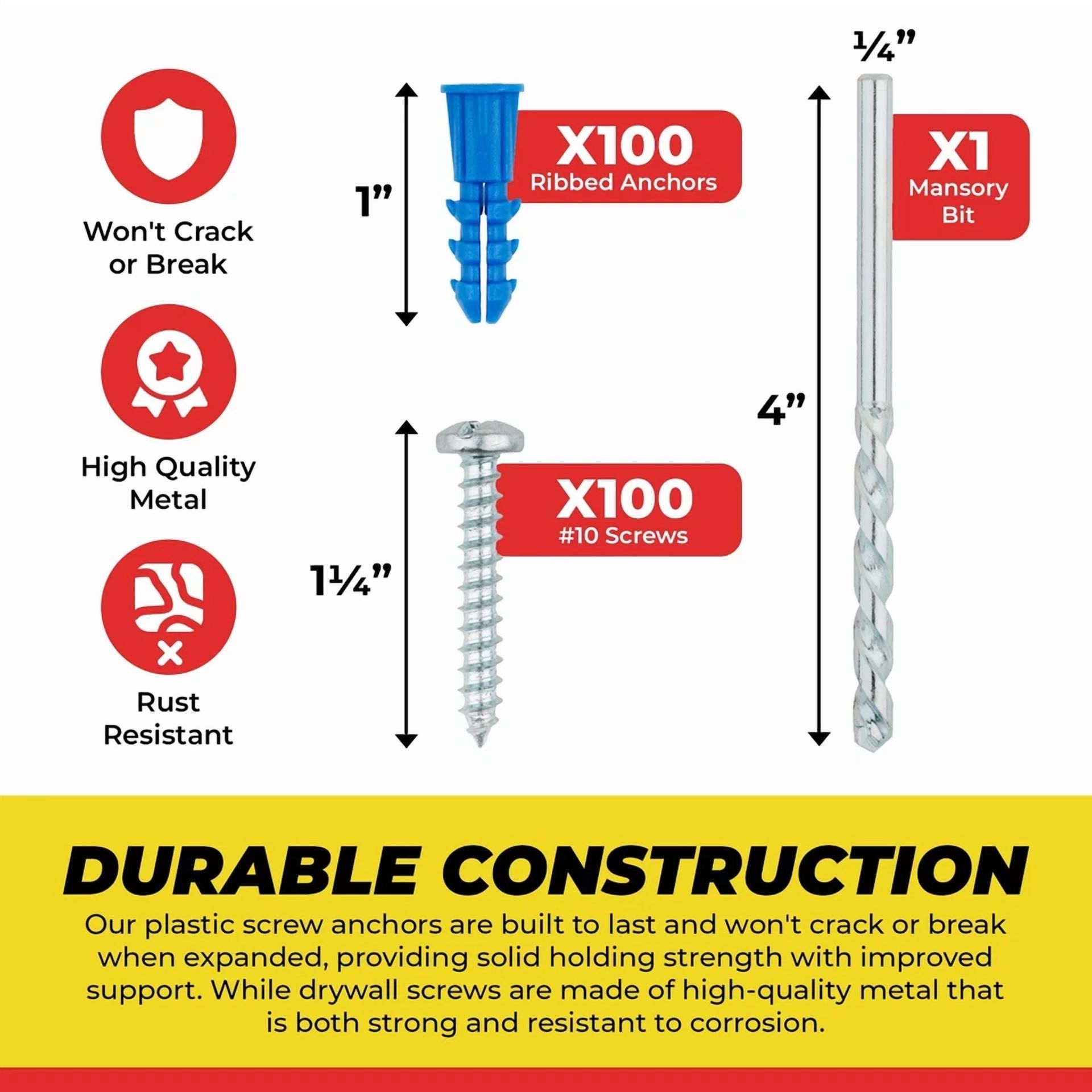 CIRCLE- Ribbed Plastic Drywall Anchor Kit With Screws And Masonry Drill Bit, 10-12 X 1"