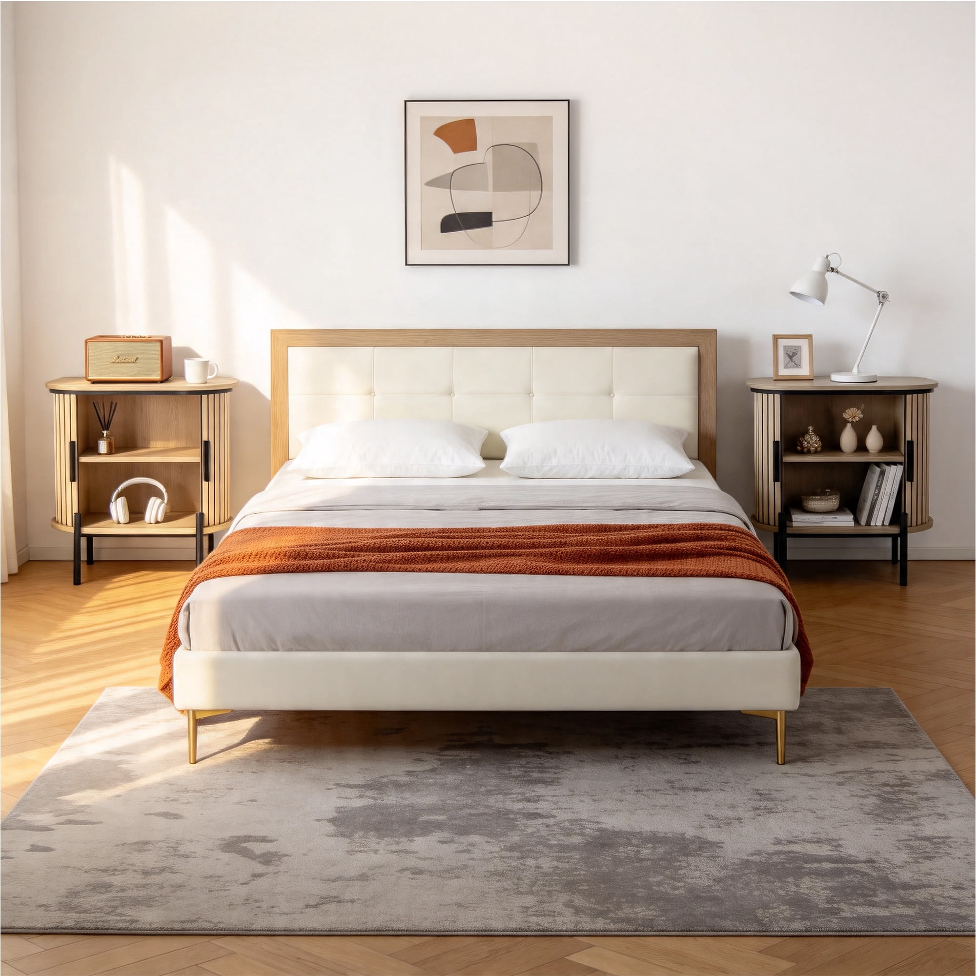 Ebello Nightstand with Built-in Charging Station, Modern Oval End Table with Storage, Sliding Door & Raised Base for Bedroom and Entryway, Camel