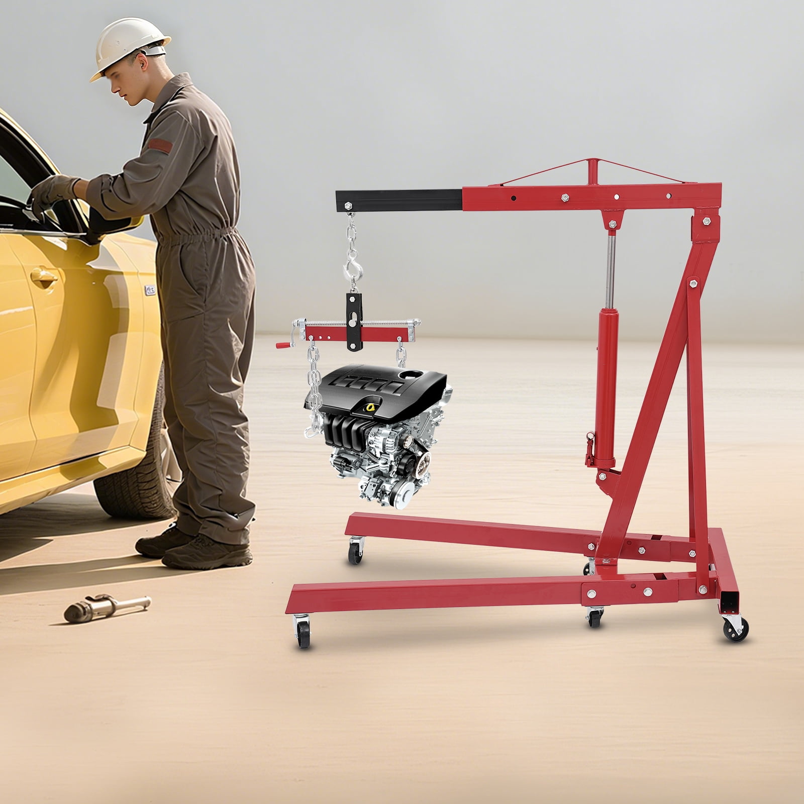 YIYIBYUS 2T Folding Hydraulic Crane Hydraulic Crane with Engine Leveler & Wheels Heavy-Duty Cherry Picker Shop Crane Oldable Engine Crane Red