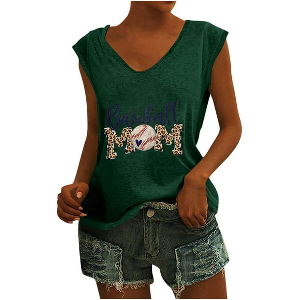 Camisetas sin mangas con cuello en V de verano para mujer, camisetas de manga corta con estampado de elementos de béisbol Retro OAVQHLG3B Store lin121212