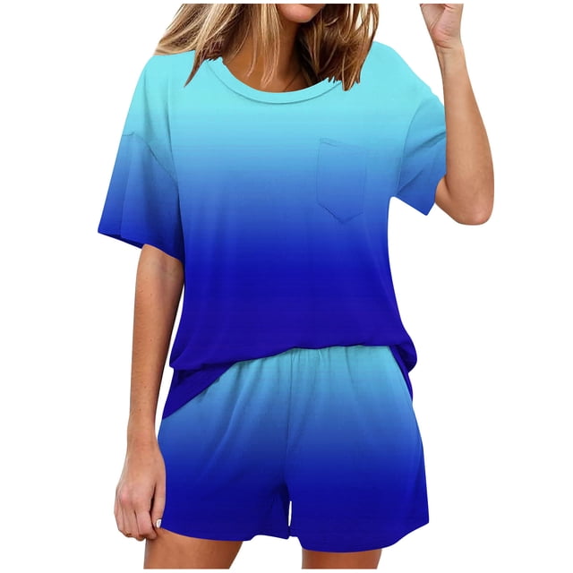 Conjunto de Pijama de las Mujeres de Moda Casual Color Sólido Manga Corta Cuello Redondo Top Y Pantalones