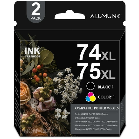 74XL 75XL Combo Pack High Yield Ink Cartridge Compatible for HP 74 75 XL Ink for C4480 C4280 C5280 C5550 D4360 D4260 D4280 Printers(1 Black, 1 Tri-color)