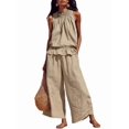 thumbnail image 2 of Women'S Linen 2 Piece Outfits Sleeveless Ruffle Top Wide Leg Pants Summer Loungewear Beach Sets Khaki M, 2 of 8