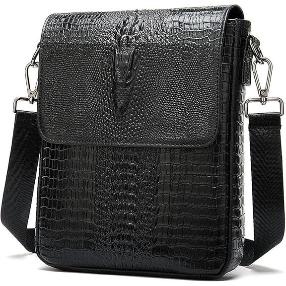 NIUCUNZH Genuine Leather Men's Messenger Bag, Crocodile Embossed Crossbody Shoulder Bag for 9.7" iPad & Travel