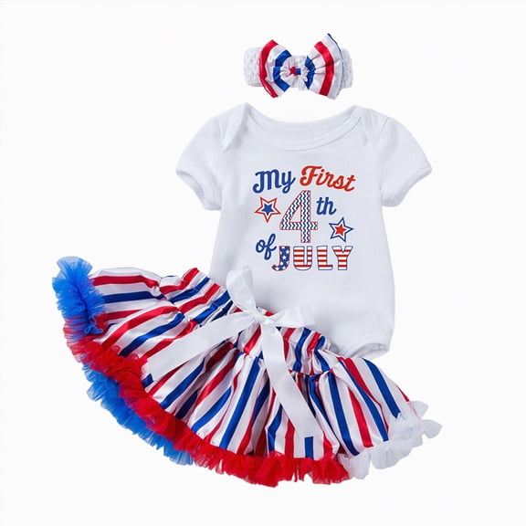 UngA 4th of July Newborn Baby Outfit Girl Birthday Outfit American Flag Romper Ruffle Tulle Skirt Headband Independence Day 3Pcs Set (White,6-12 Months)
