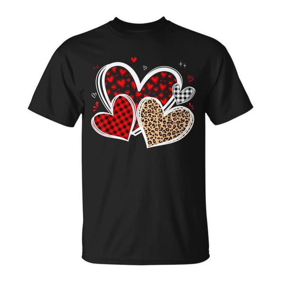 Girls Valentines Day Hearts Love Leopard Red Plaid Unisex Adult Cotton Tee Cute Holiday Graphic Casual Shirt, Size S, Color Black