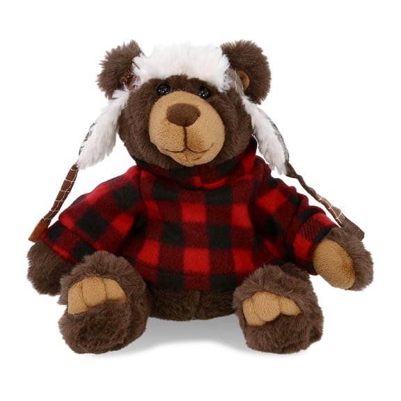 DolliBu Super Soft Brown Bear with Clothes Stuffed Animal and Plaid Red Hoodie Sweater - Cute Bear Plush Lumberjack Stuffed Toy with Plaid Jacket Dress Up for Christmas, Holiday, Winter - 11 Inches