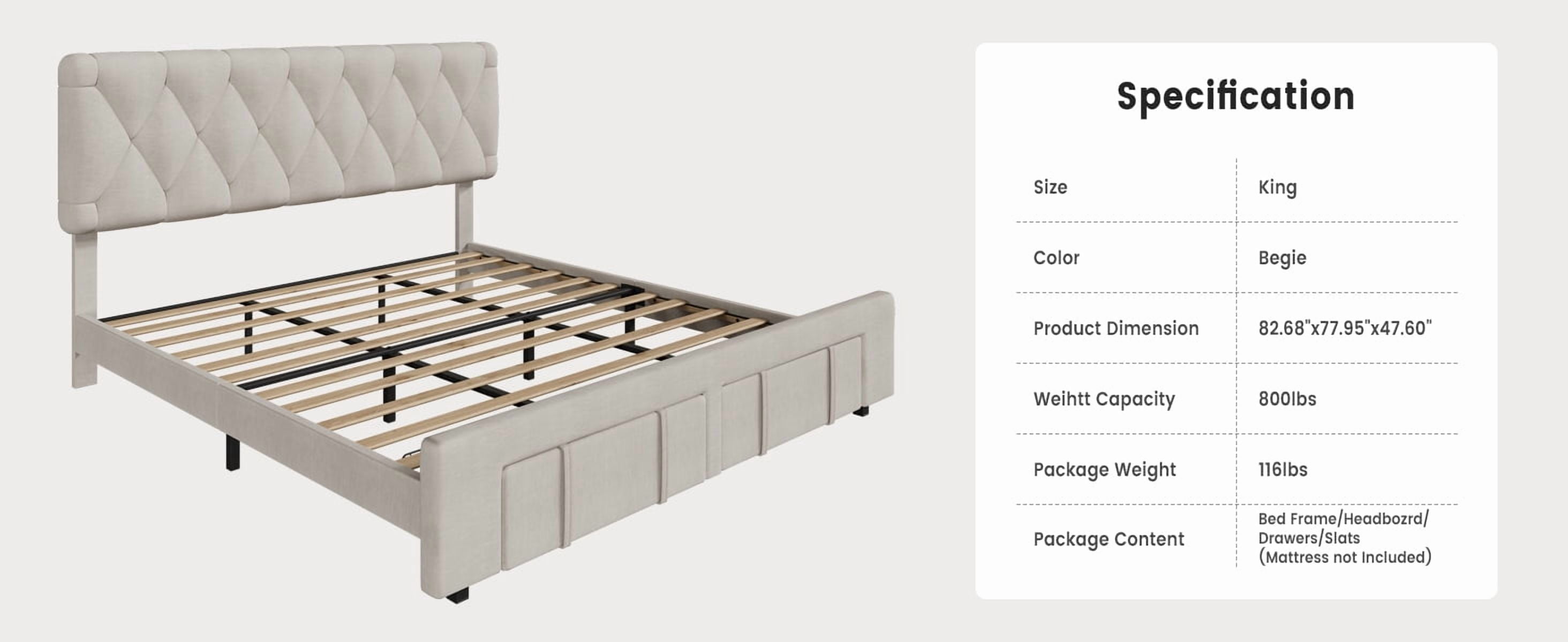 Towallmark King Size Bed Frame,with 2 Storage Drawers, Upholstered Platform Bed Frame No Box Spring Needed, Noise-Free, Easy Assembly